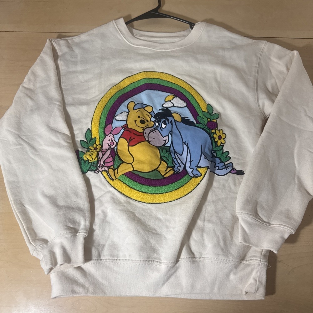 DISNEY WINNIE the POOH EEYORE Tufted Graphic Crew Sweatshirt Cream Size XS